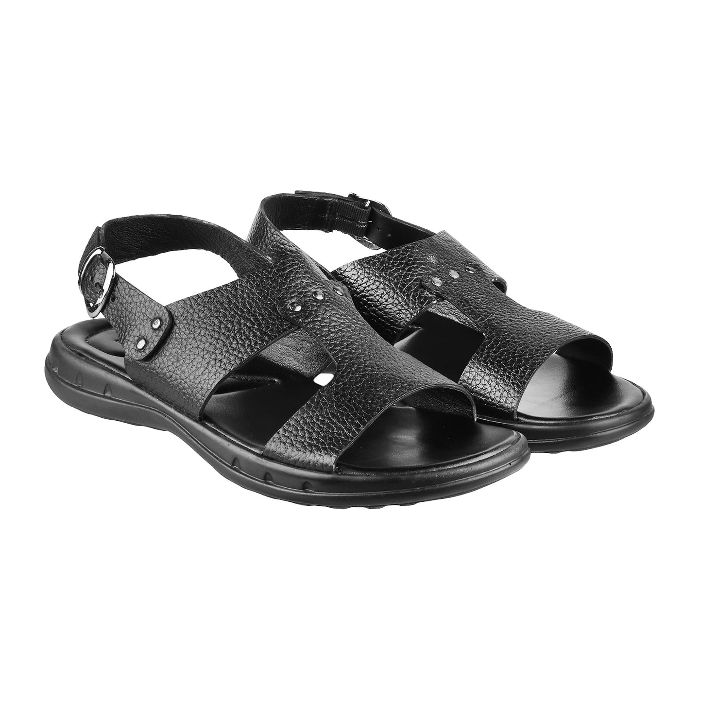 ledero article no 11-111 men black leather sandal with strap and buckle and metal fitting PU sole - pair
