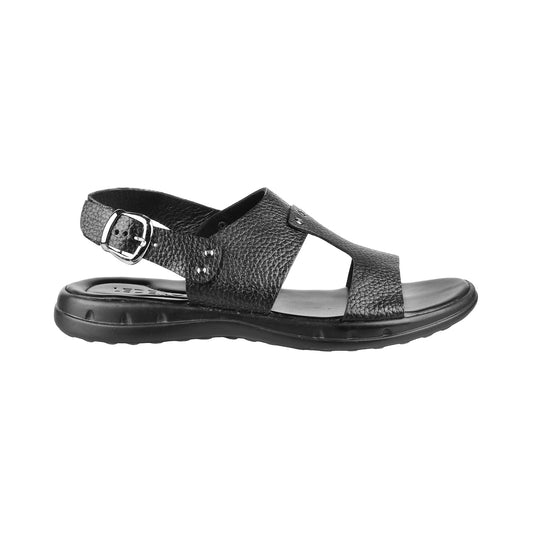ledero article no 11-111 men black leather sandal with strap and buckle and metal fitting PU sole - side view