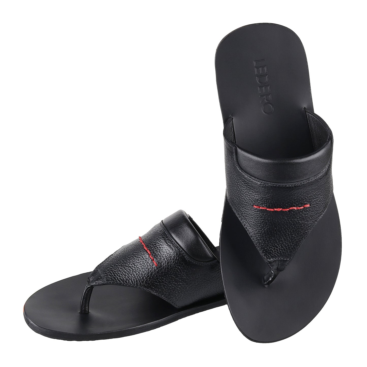 ledero article no 12-113 men black leather sandal flipflop with stitch detail PU sole - signature ledero view