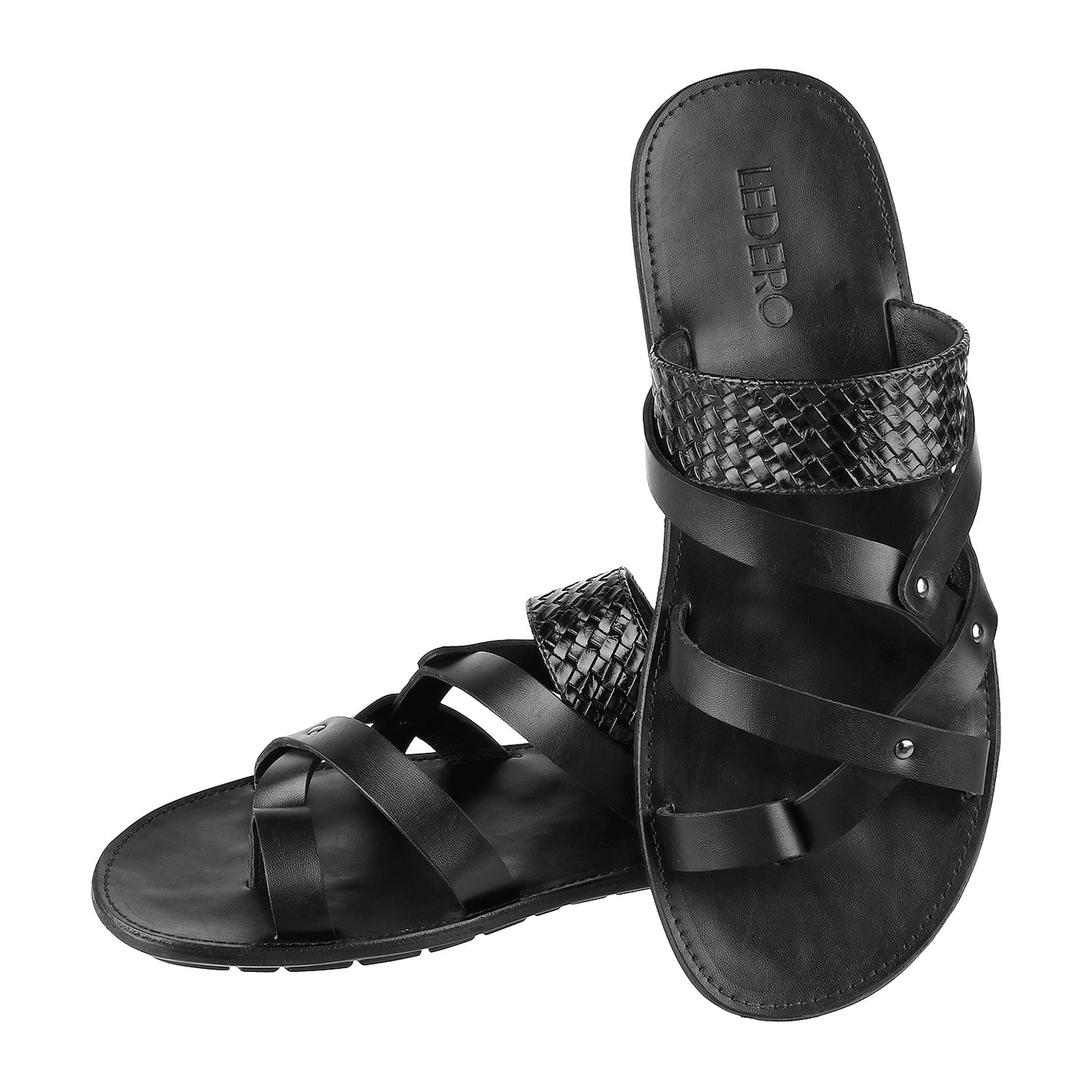 ledero article no 14-216 men black leather sandal slip on metal fitting PU sole - signature ledero view