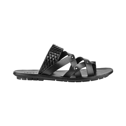 ledero article no 14-216 men black leather sandal slip on metal fitting PU sole - side view