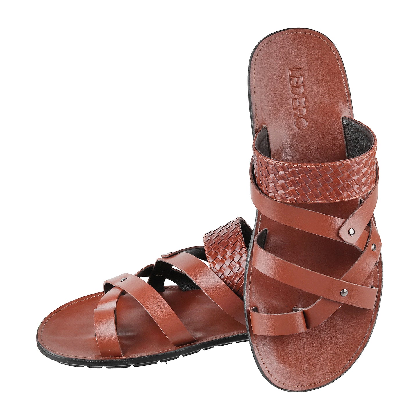ledero article no 14-216 men tan leather sandal slip on metal fitting PU sole - signature ledero view