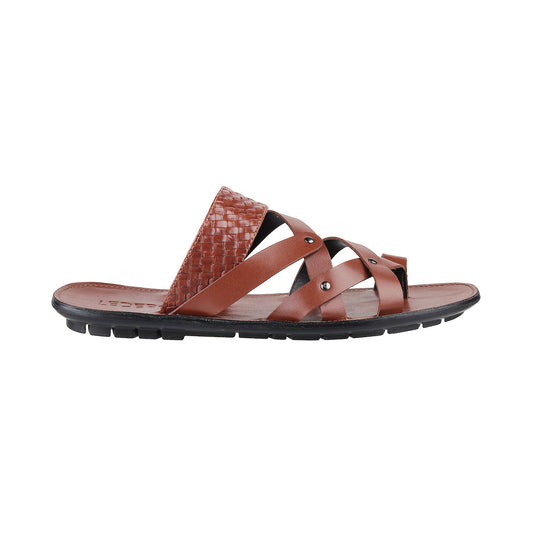 ledero article no 14-216 men tan leather sandal slip on metal fitting PU sole - side view