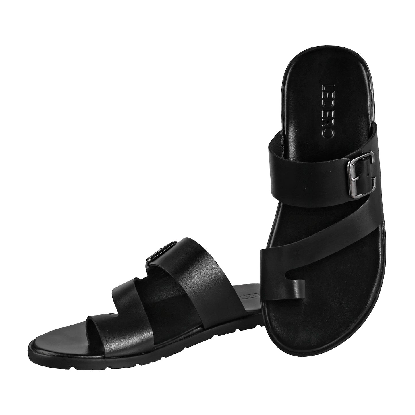 Ledero 15-129 Black Leather Slip on Sandal