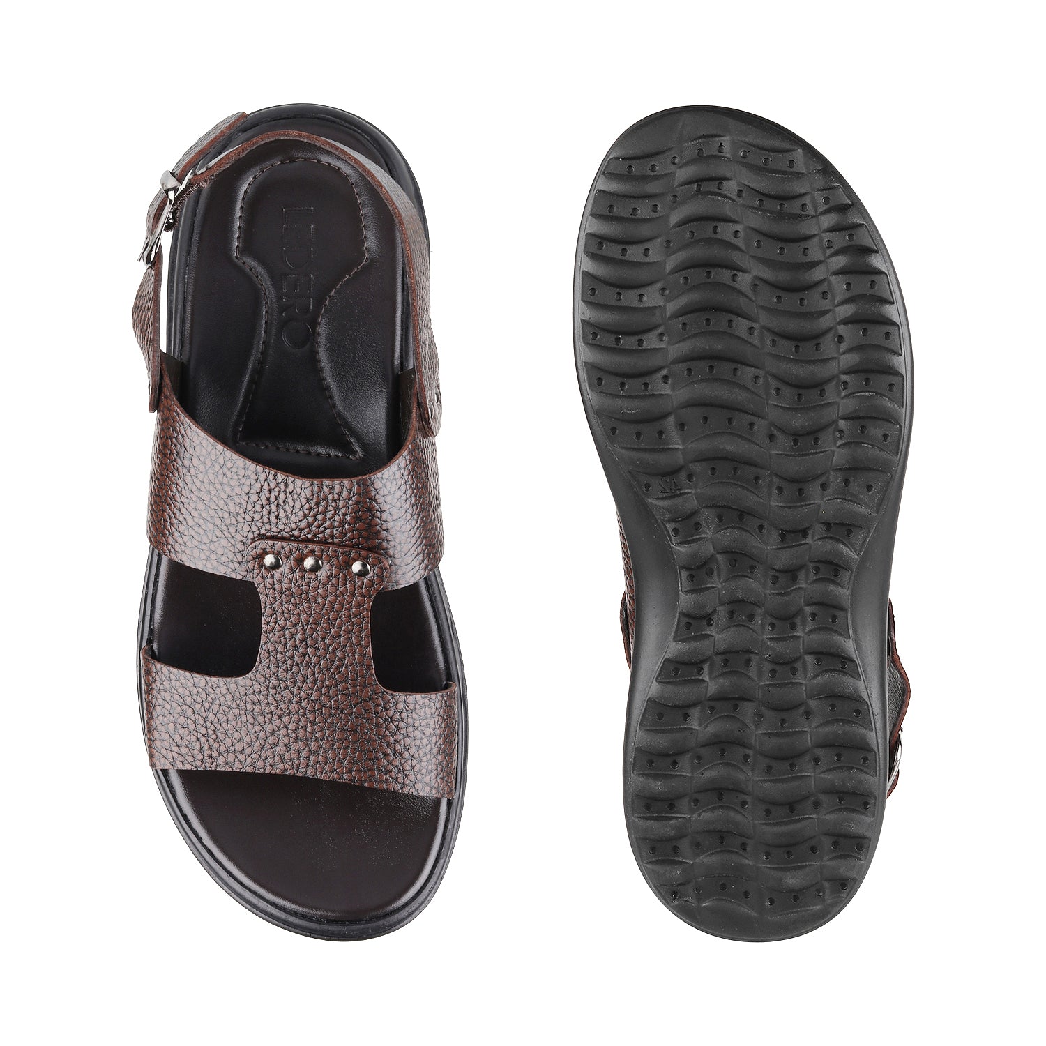 ledero article no 11-111 men brown leather sandal with strap and buckle and metal fitting PU sole - top bottom view