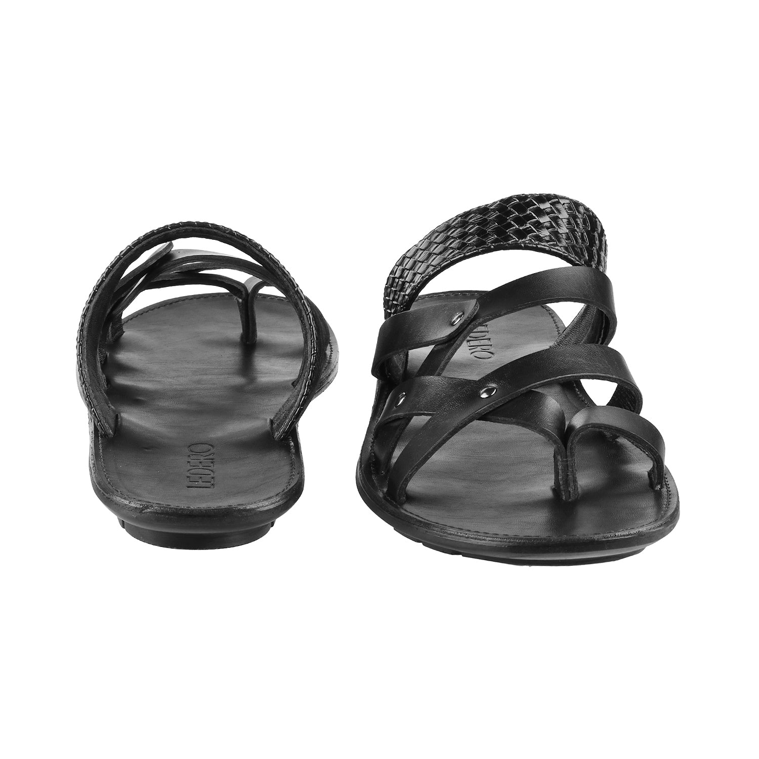 ledero article no 14-216 men black leather sandal slip on metal fitting PU sole - front back view