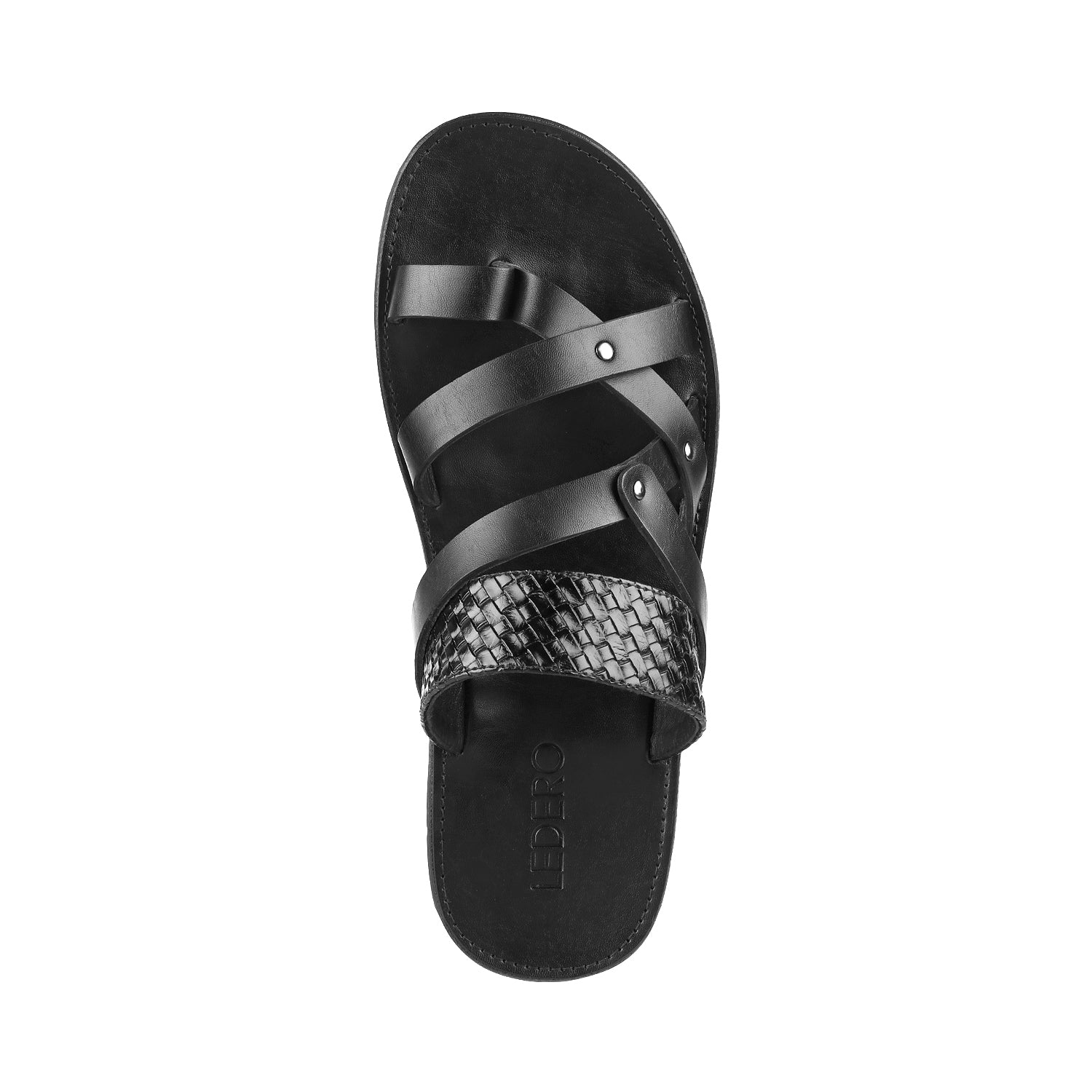 ledero article no 14-216 men black leather sandal slip on metal fitting PU sole - top view